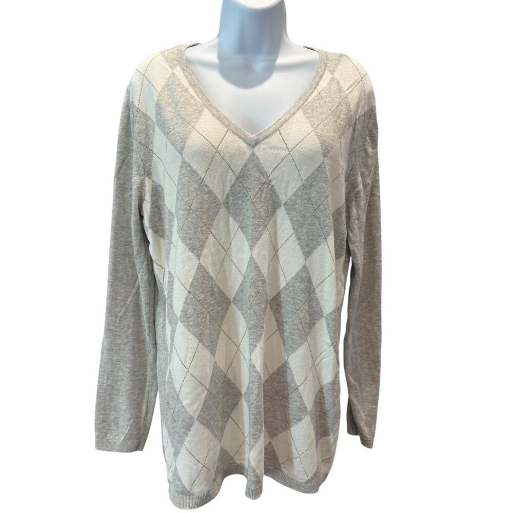 Tommy Hilfiger XL Argyle‎ Sweater Gray Cream Metallic V-Neck Classic Fall Preppy